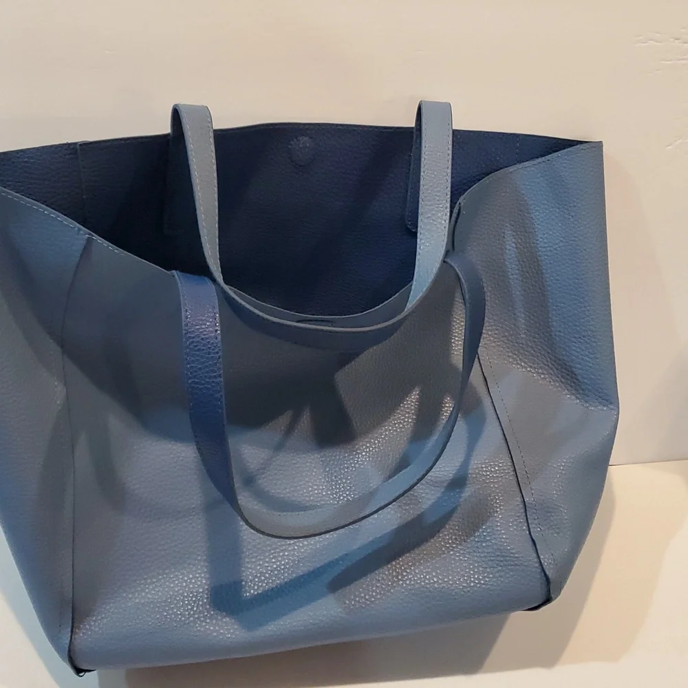 Reversible Blue Tote Bag Pebbled Faux Leather Dark & Light Blue Magnetic Closure